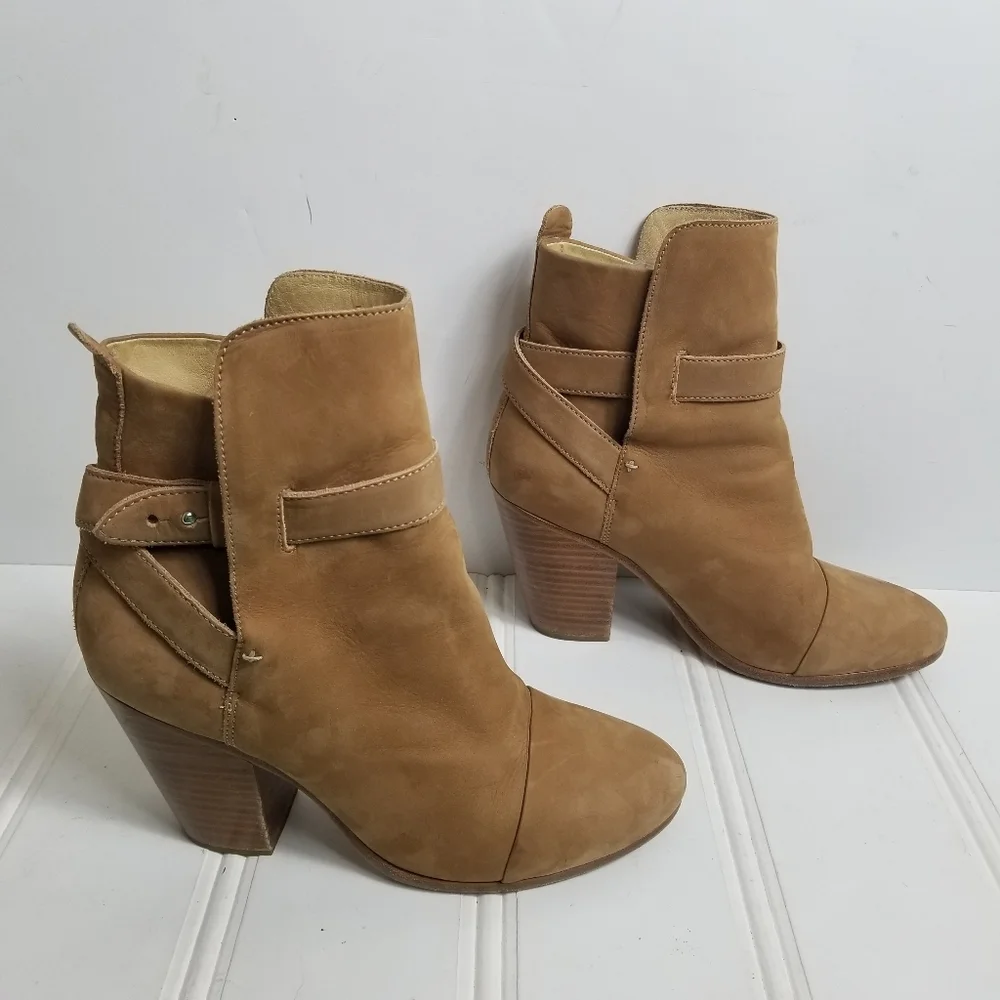 Rag & Bone Kinsey Boots 37.5 Suede Ankle Wrap Strap Chunky Heel Tan Italy